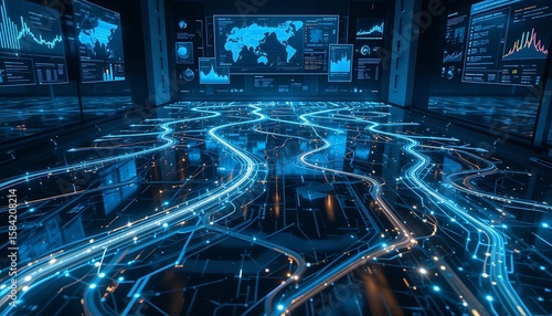 Futuristic Data Center with Glowing Network Connections and Global Analytics