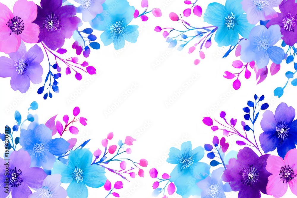 Fototapeta premium Watercolor Floral Frame With Purple Blue Pink Flowers