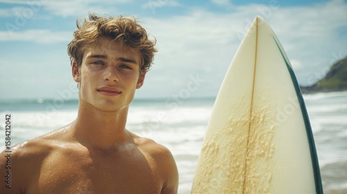 young man with surfboard, background of a beautiful beach, generative ai