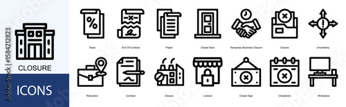 closure icon collection set. Containing Taxes, End Of Contract, Paper, Closed Door, Temporary Business Closure icon