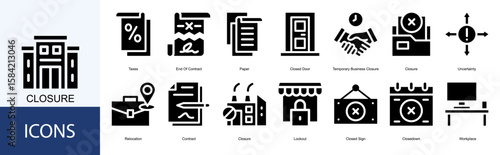 closure icon collection set. Containing Taxes, End Of Contract, Paper, Closed Door, Temporary Business Closure icon