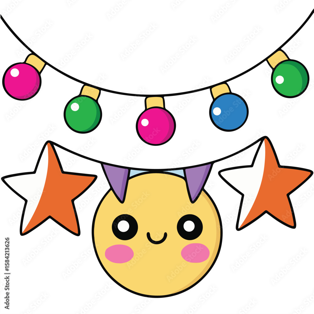 Fototapeta premium Cute vector cartoon illustration of a funny yellow Christmas star smiling with a snowman and a baby bird flying in the sky