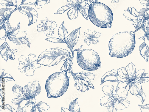 Seamless pattern with blue blooming lemon tree branches and ripe lemons