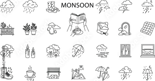 Vector art of a series of minimalist line icons representing monsoon season elements like rain clouds, lightning, umbrellas, and cozy indoor activities, isolated on white background
