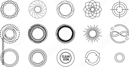 Vector art of a series of geometric line art icons featuring abstract circles, decorative patterns, and minimalist designs for modern graphics, isolated on white background