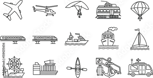 Vector art of a variety of transportation icons, including airplanes, helicopters, trains, and ships, representing different modes of travel, isolated on white background