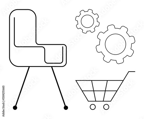 Minimalist outline of a chair, two gears, and a shopping cart. Ideal for design, shopping, innovation, efficiency, manufacturing, engineering simple landing page