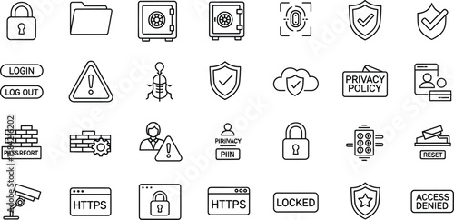 Vector art of a comprehensive set of security icons are displayed, representing various aspects of data protection, privacy, and access control, isolated on white background