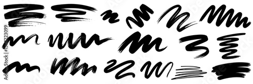 Black paint line set. brush stroke collection. Charcoal brush stroke pack for highlight, underline, emphasis. Vector rough scribble swoosh stripes. vector