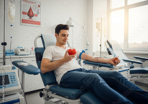 Diverse people donating blood in a medical setting, supported by a healthcare professional.