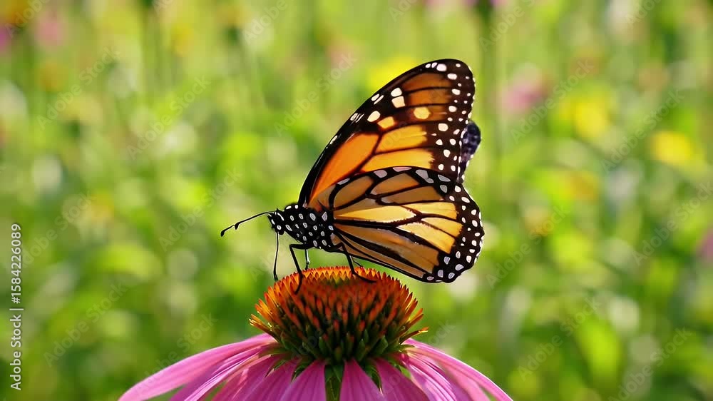 Monarch Butterfly Perched on Purple Coneflower with Blurred Green Background in Warm Sunlight Monarch Butterfly Perched on Purple Coneflower with Blurred Green Background in Warm Sunlight