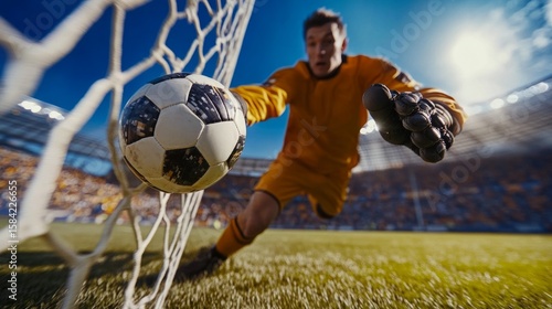 Football match from the goalkeeper's point of view, the ball is approaching quickly generative ai