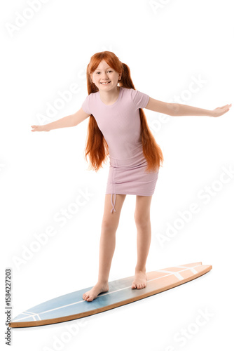 Cute girl on surfboard agai...