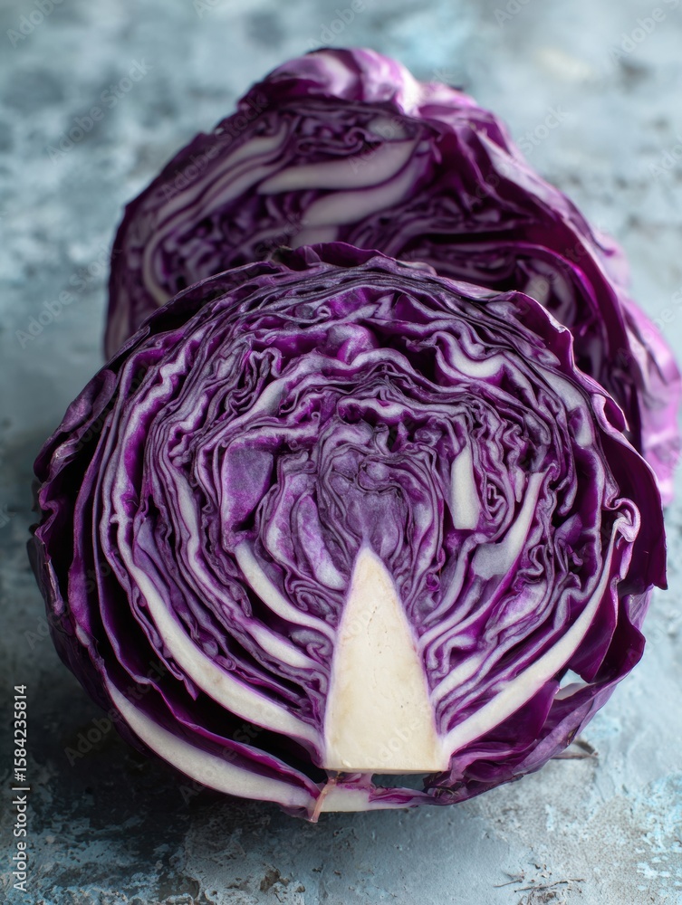 Fototapeta premium Sliced Red Cabbage Forms a Natural Mandala Pattern, Revealing Intricate Layers in Beautiful Hues