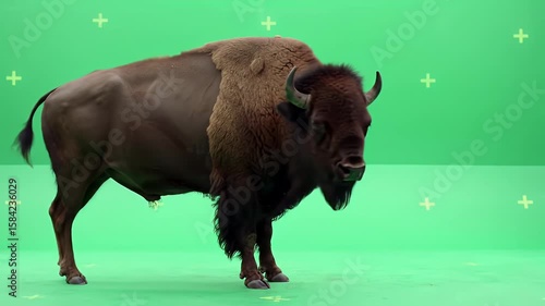 Majestic American Bison Standing on Green Screen Background for Compositing and Visual Effects