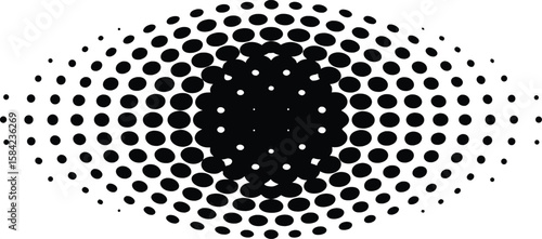 Vector art of an abstract eye shape created with a halftone dot pattern, transitioning from black to white.