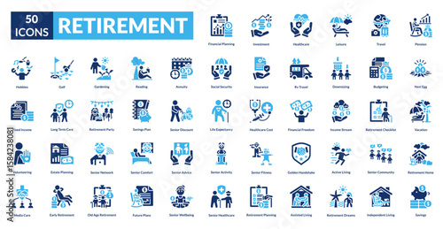 Retirement fill icon collection set. Includes pension, savings, relax, senior, leisure, travel, freedom, finance, planning, investment, security, future, income, nest egg, health