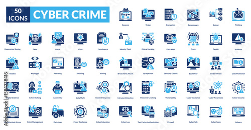Cyber crime fill icon collection set. Includes hacker, malware, phishing, ransomware, spyware, breach, fraud, firewall, encryption, password, identity, scam, virus, threat, surveillance