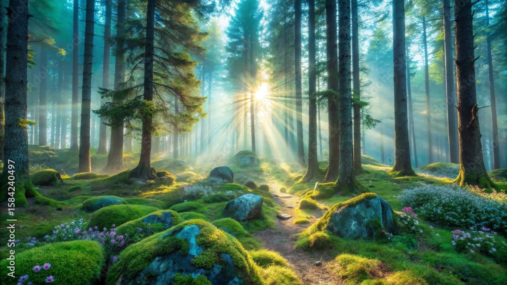 Obraz premium Sunbeams Through Enchanted Forest