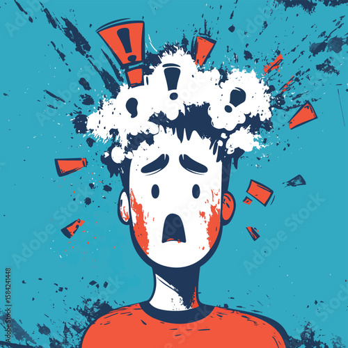 The concept of psychological problems, problem solving and brainstorming. Head with exclamation marks. Anxious thoughts, vector style simple color