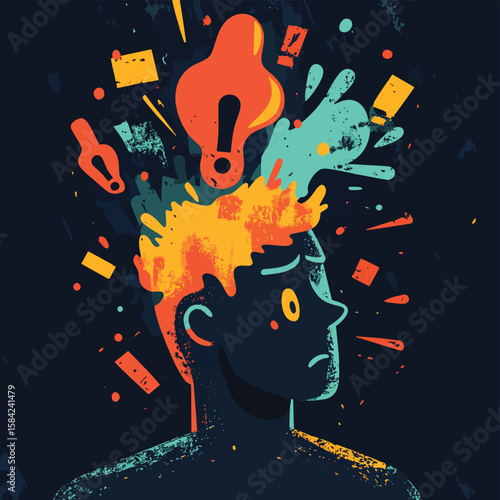 The concept of psychological problems, problem solving and brainstorming. Head with exclamation marks. Anxious thoughts, vector style simple color
