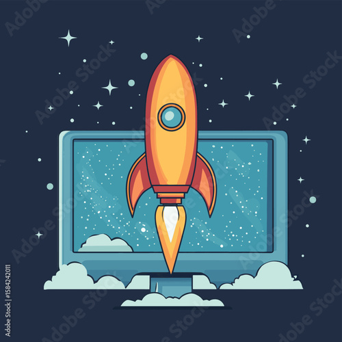 The concept of career growth, career prospects, earning money and a successful business. Computer and rocket, vector style simple color