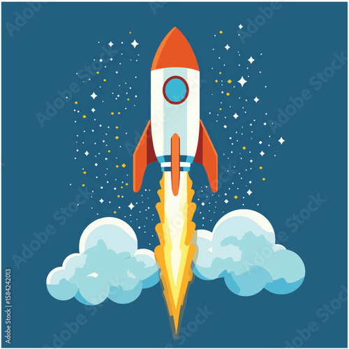 The concept of career growth, career prospects, earning money and a successful business. Computer and rocket, vector style simple color