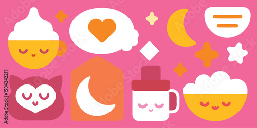 Vector art of a collection of cute, sleepy, and whimsical illustrations for bedtime and sweet dreams.