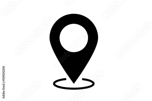 A black location pin icon indicating a specific place is isolated on white background