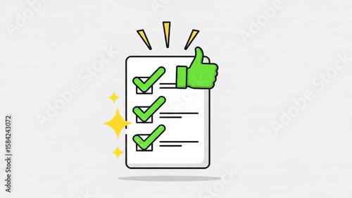 Checklist with Thumb Up Cartoon Animation, Task Completed Successful Confirmation Concept