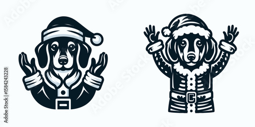 Dachshund Dog wear santa Claus Costumes Hands Raised in Celebration. Christmas Holiday Clipart Line Art Vector Illustration Xmas. Weiner pup don festive suit forelimb joy for cheer.