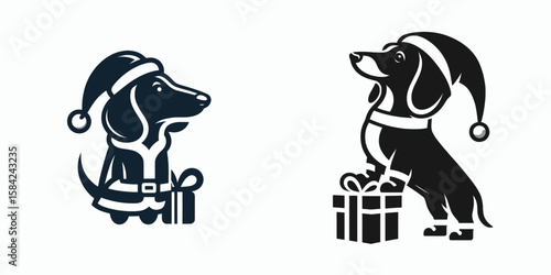 Dachshund Dog wear santa Claus Costumes Holding a Present. Christmas Holiday Clipart Line Art Vector Illustration Xmas. Weiner pet don attire festive xmas apparel grasping gift package.