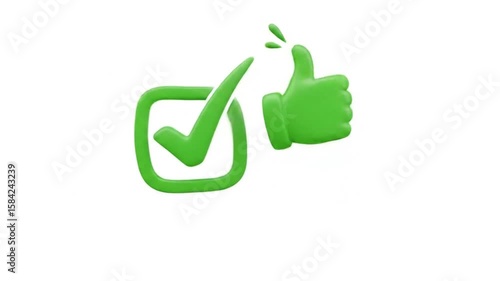 3D animation of checkmark symbol icon combined with a thumbs up on a white background