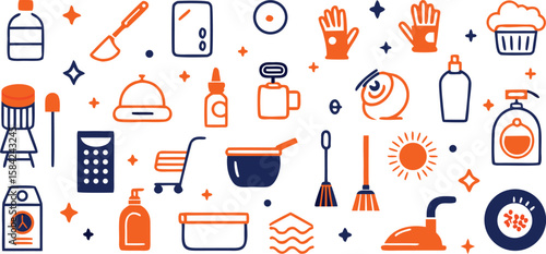 Vector art of a collection of colorful icons representing household cleaning and hygiene products.