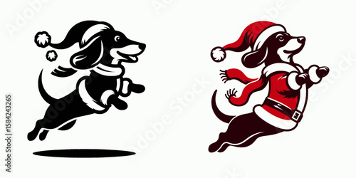 Dachshund Dog wear santa Claus Costumes Jumping with Joy. Christmas Holiday Clipart Line Art Vector Illustration Xmas. Wiener pet don outfit leap merriment canine dressup.