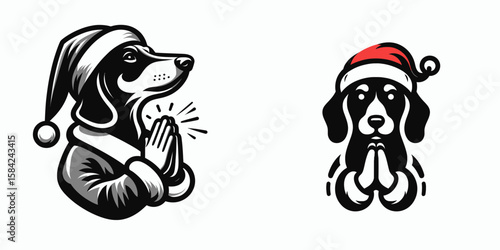 Dachshund Dog wear santa Claus Costumes Praying Hands Gesture. Christmas Holiday Clipart Line Art Vector Illustration Xmas. .
