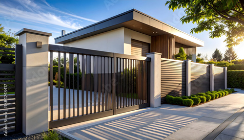 Modern House Exterior with Metal Gate and Landscaping