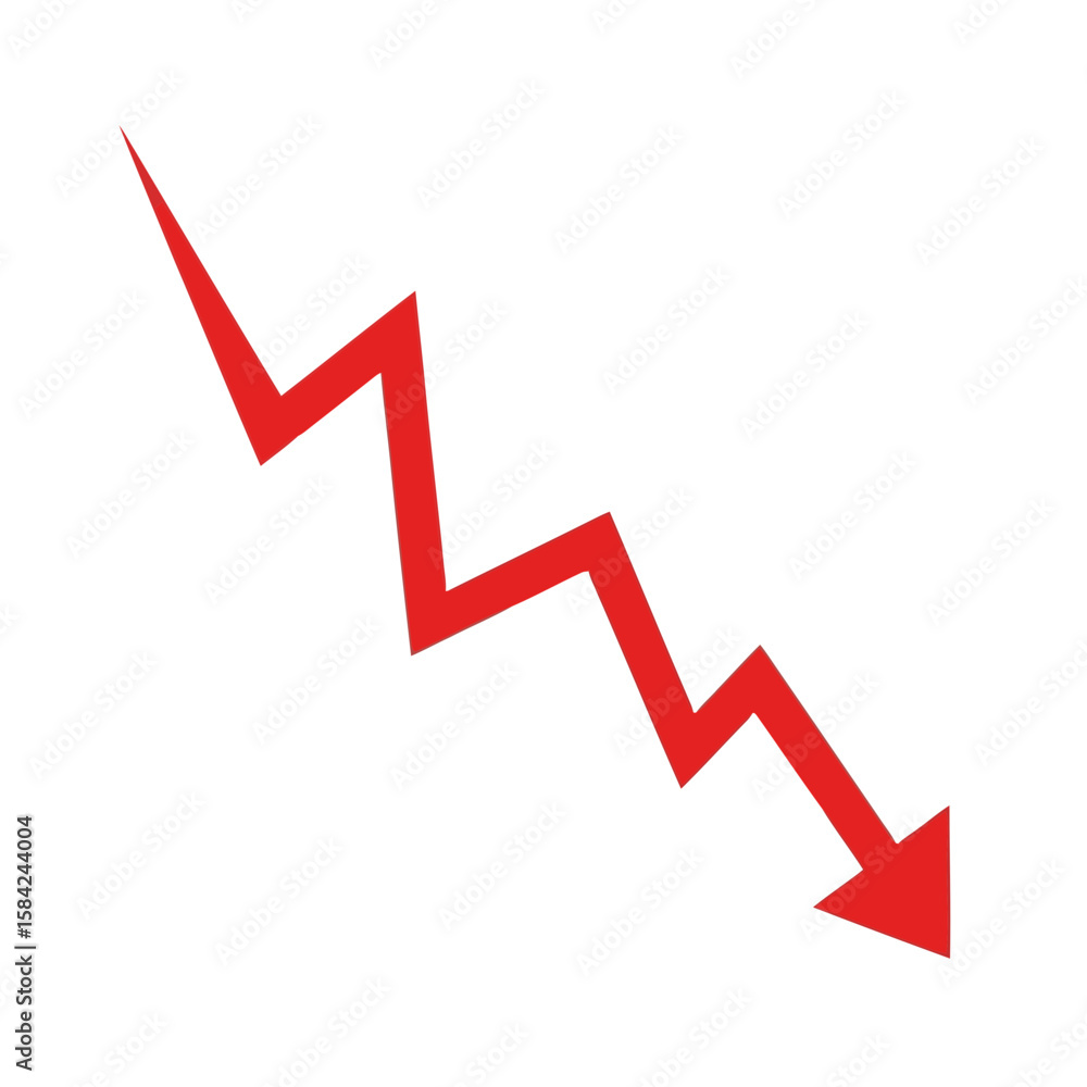 A jagged red arrow points downwards, isolated on white background, indicating a decline and negative trend A jagged red arrow points downwards, isolated on white background, indicating a decline and negative trend