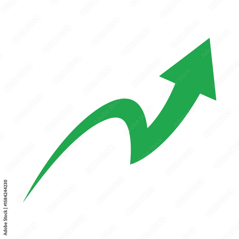A green curved arrow points upwards, isolated on white background, indicating a winding path or upward trend A green curved arrow points upwards, isolated on white background, indicating a winding path or upward trend
