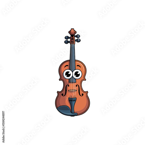 Cute cartoon violin character with big eyes isolated on white background