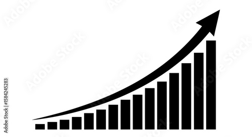 A black bar graph with an upwardpointing arrow illustrates business growth and financial success isolated on white background