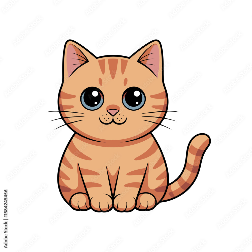 Fototapeta premium Cute cartoon ginger tabby kitten with big blue eyes sitting isolated on white background