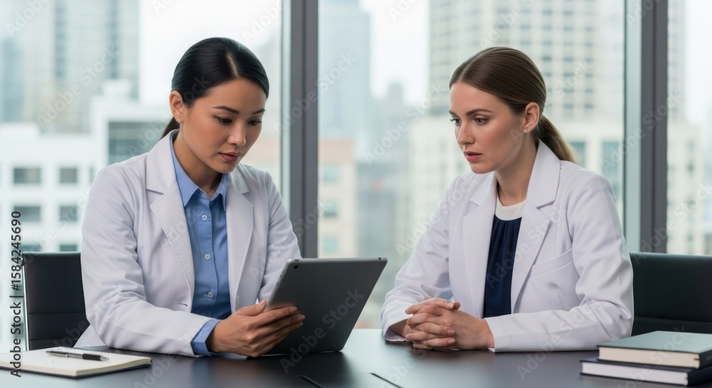 Photo of two businesswomen discussing work on a tablet in an office Photo of two businesswomen discussing work on a tablet in an office