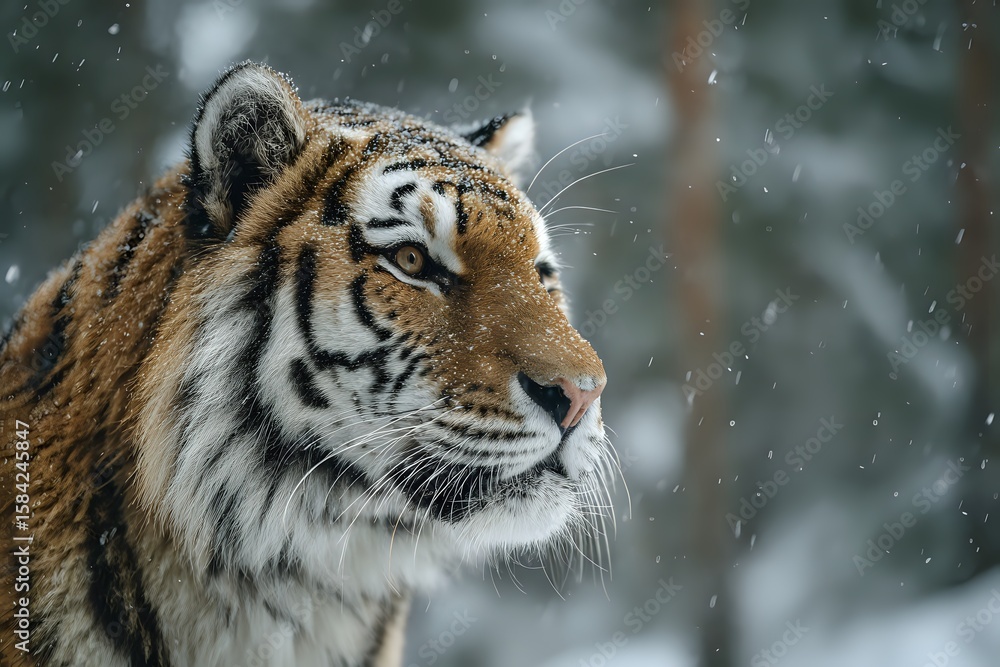 Fototapeta premium Siberian Tiger in Snowy Forest: Majestic and Powerful