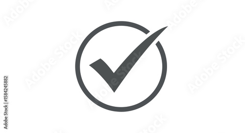 A gray check mark inside a gray circle signifies approval and validation, isolated on white background