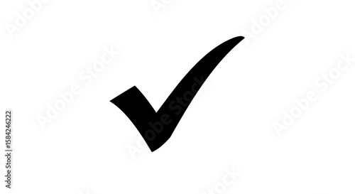A black check mark symbol indicating approval and success is isolated on white background