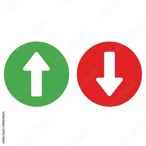 An up arrow in a green circle and a down arrow in a red circle are isolated on white background