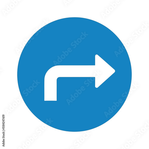 A white arrow turning to the right is displayed on a blue circular sign isolated on white background