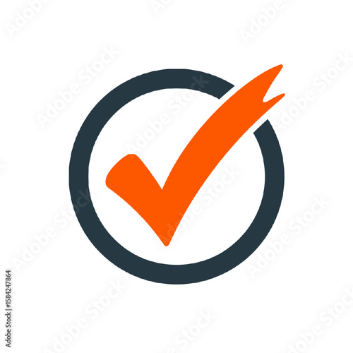 Orange check mark inside dark gray circle isolated on white background
