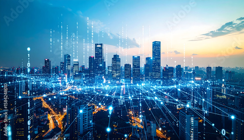 Illuminated City Skyline at Night with Data Network Connections
